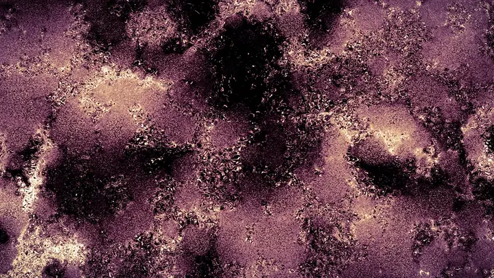 A blotchy closup of a surface, purple, redish, brown black